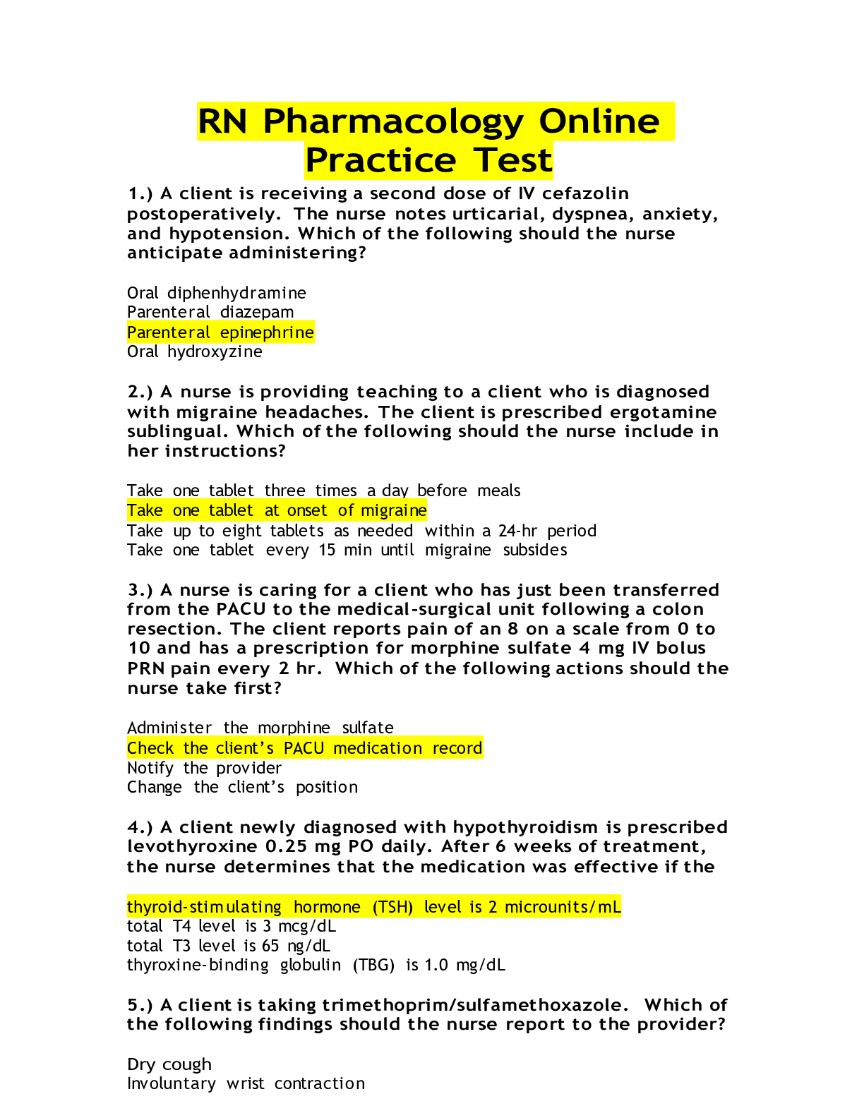 Preview of RN Pharmacology Online Practice Test Questions and Answers: University of Virginia